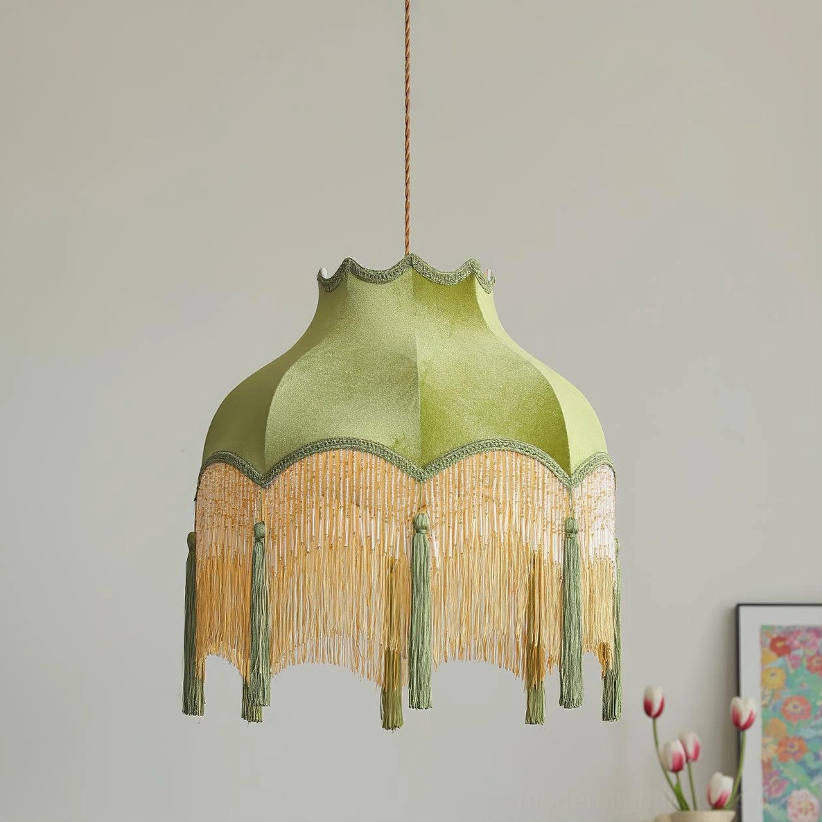 Green tassel pendant light brass hardware and velvet shade texture detail