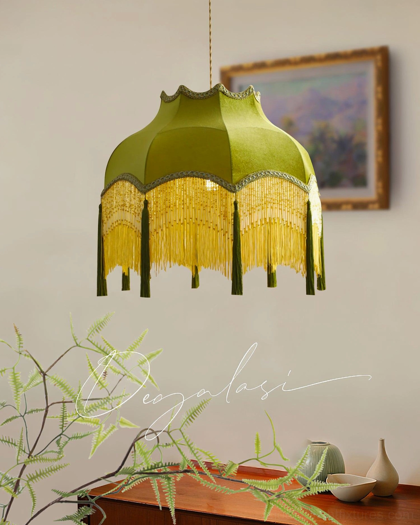 Green tassel pendant light in Parisian French style interior design setting