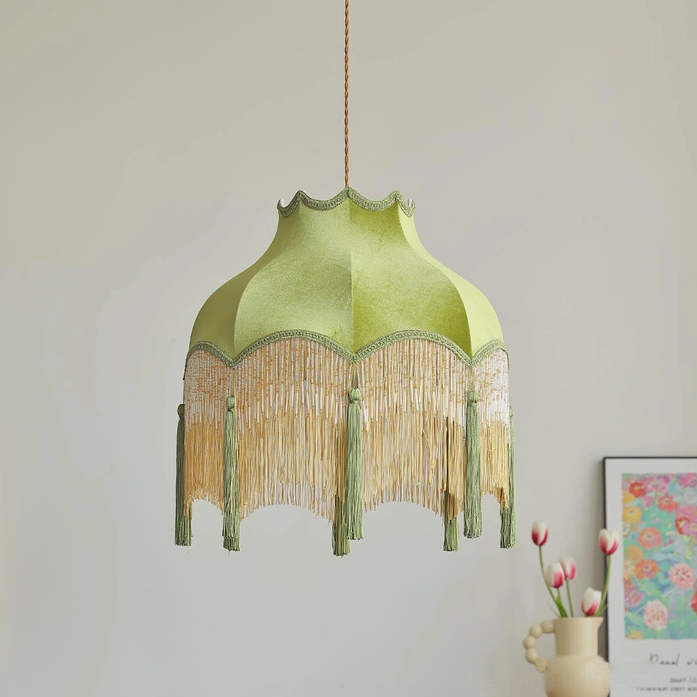 Green velvet tassel pendant light in refined study room with vintage aesthetic