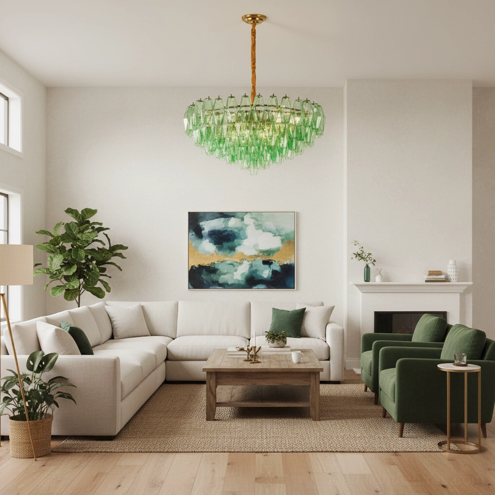 Green hand-blown glass tiered chandelier in minimalist modern living room with neutral tones