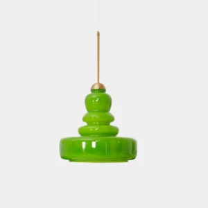 Green tiered glass pendant light with brass rod, vintage retro style direct front view