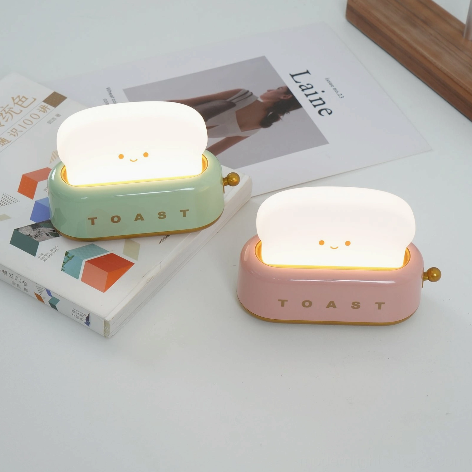 Green toaster table lamp adding character to modern home office with mid-century aesthetic