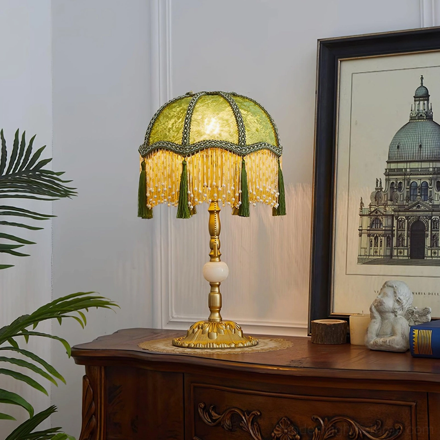 Green velvet table lamp fixture showing complete design with jade embellishments and gold hardware
