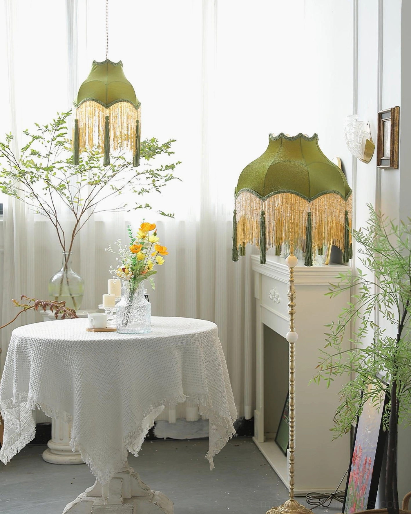 Green velvet tassel pendant showing decorative brass frame and tassels