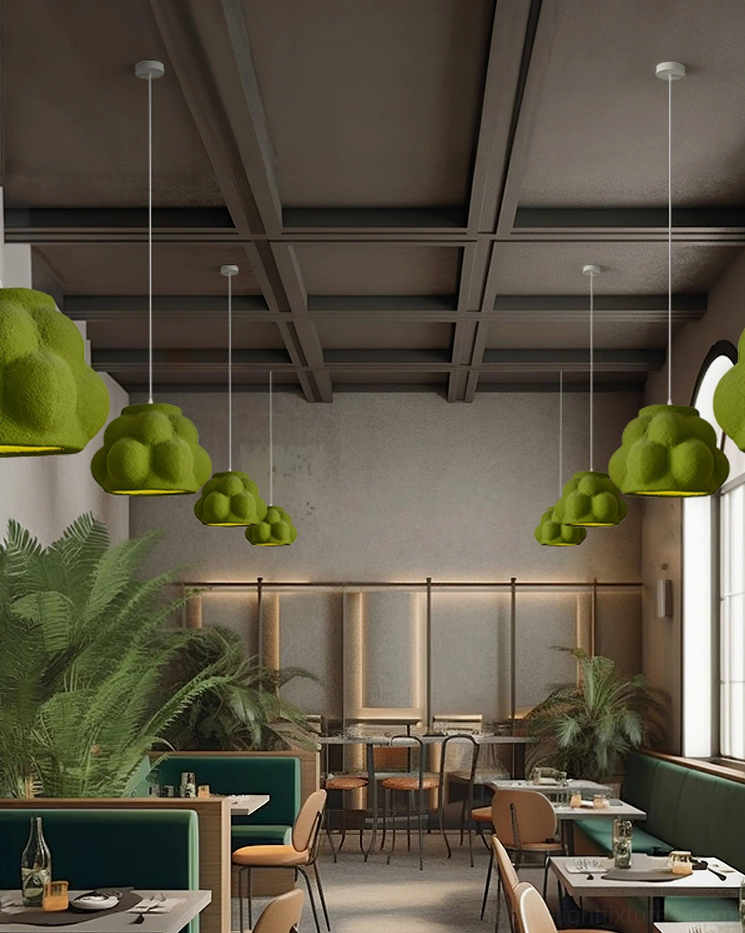 Green cloud pendant lights in industrial-style restaurant cafe interior with multiple fixtures