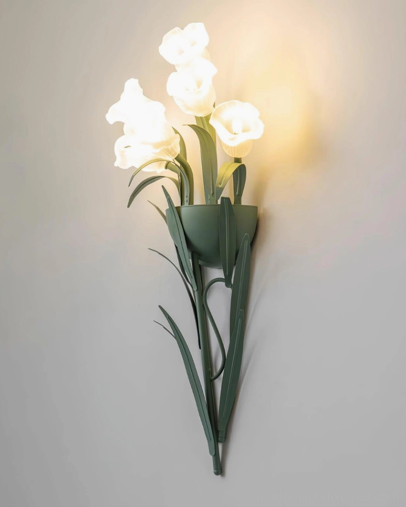 Green and white floral wall sconce artistic design view, decorative botanical light fixture showcase