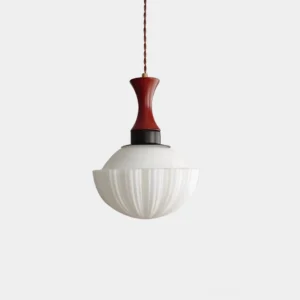 Greta mid-century modern pendant light with fluted white glass and walnut wooden neck detail, front view