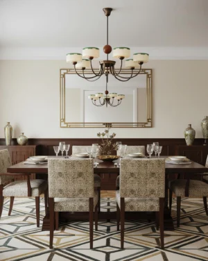 Grevola mid-century chandelier installed in formal dining room with gold wall mirror, warm ambient lighting creating sophisticated ambiance