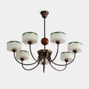 Grevola mid-century modern chandelier with arched metal arms and opaline glass shades, studio front view showing copper black finish with white and green detailing