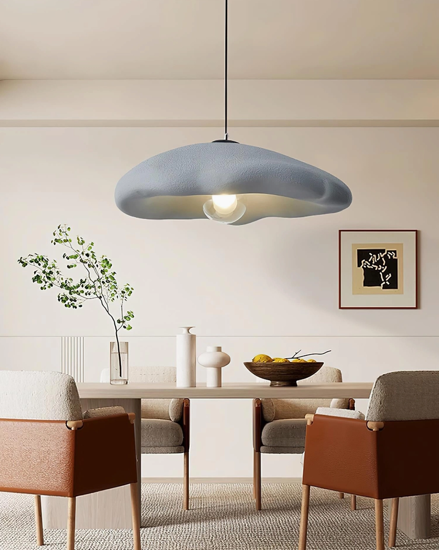 Dusty blue grey cloud pendant lamp - muted tone frosted finish in residential dining space