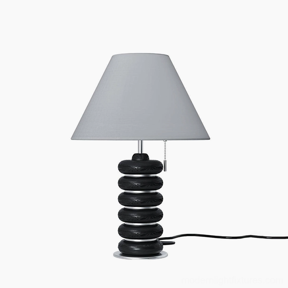 Black walnut stacked wood table lamp chrome metal base detail product photography