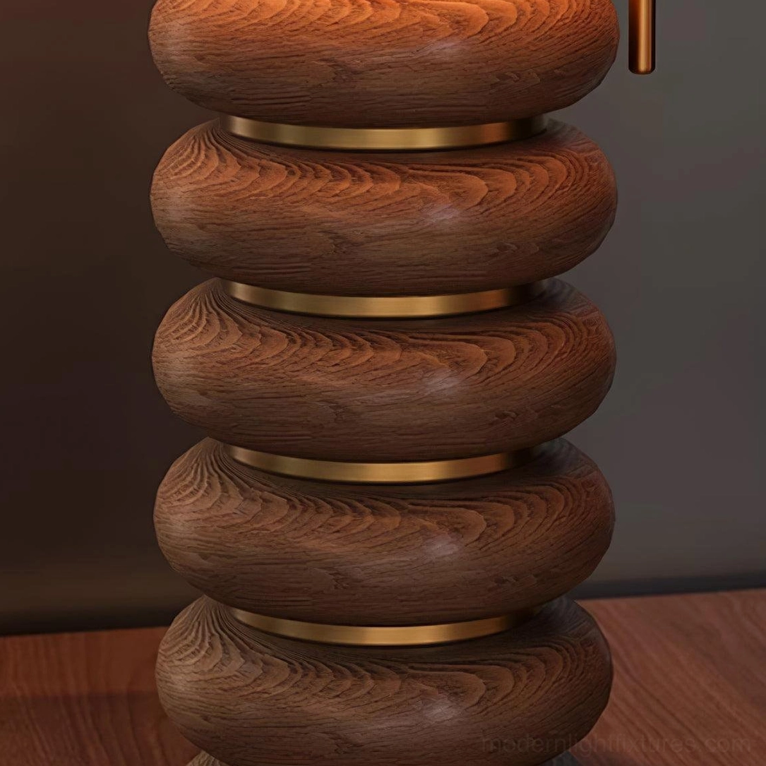 Stacked wood table lamp base and cord detail plug switch assembly product view