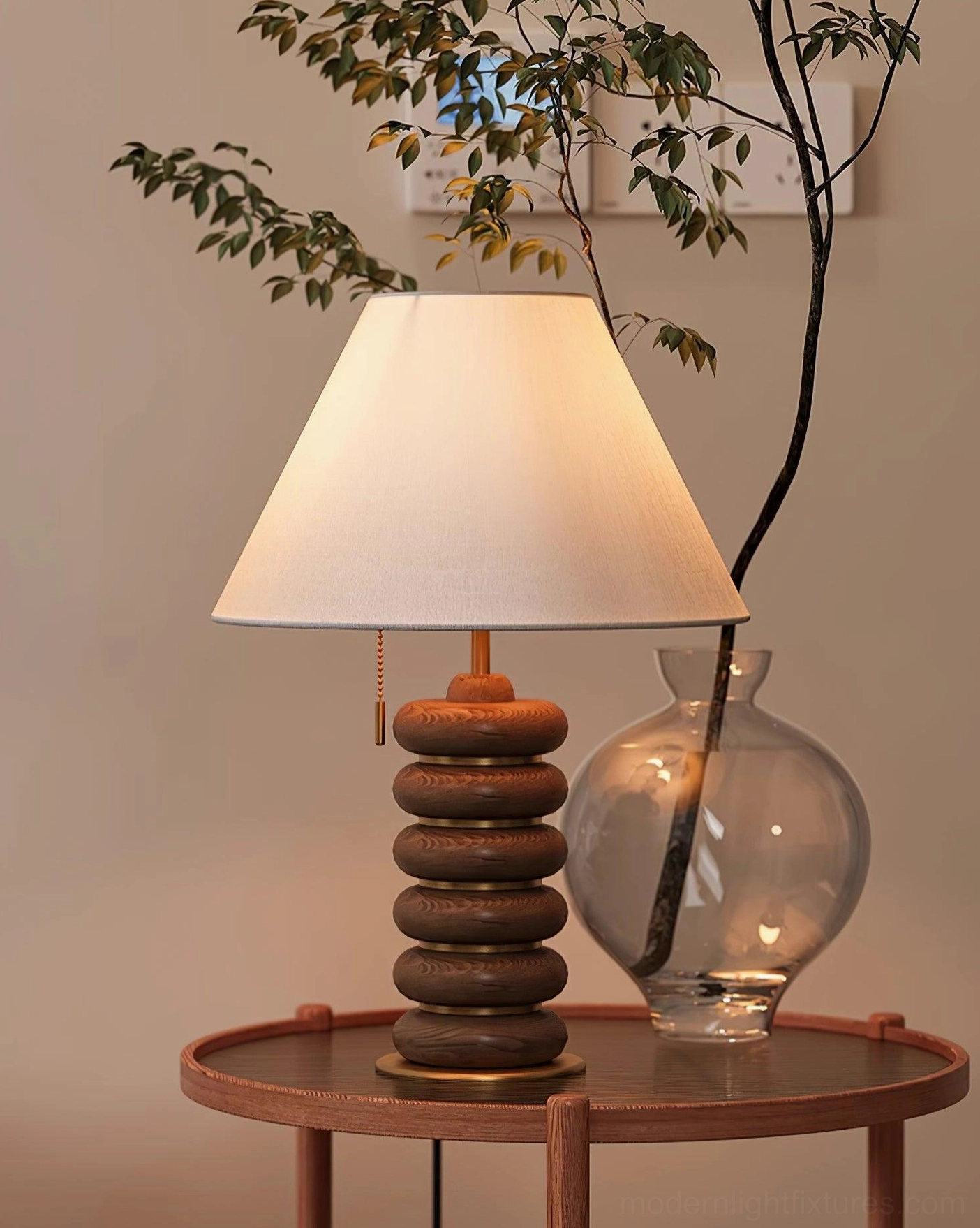 Stacked wood table lamp fabric shade and metal hardware brass accent detail view