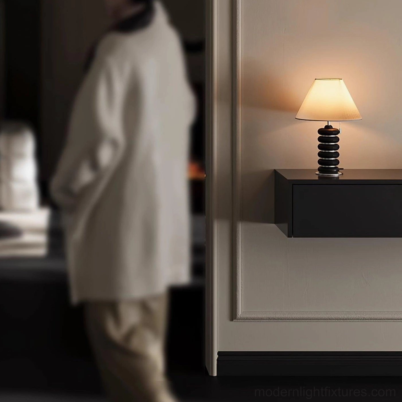 Greyson stacked wood table lamp modern minimalist aesthetic close-up wooden rings detail