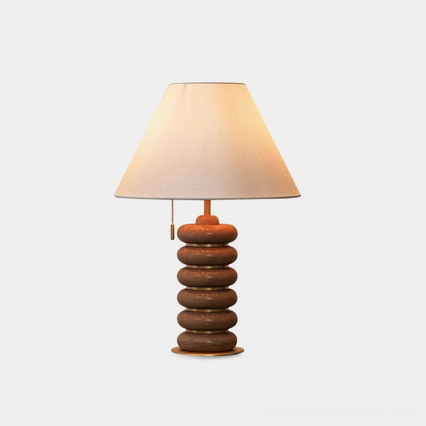 Greyson stacked wood table lamp front view white background studio display modern vintage design