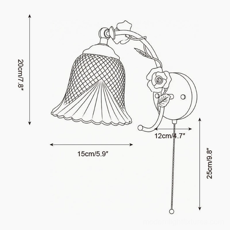 Modern wall sconce technical diagram featuring grid-trimmed lower shade and rose accents