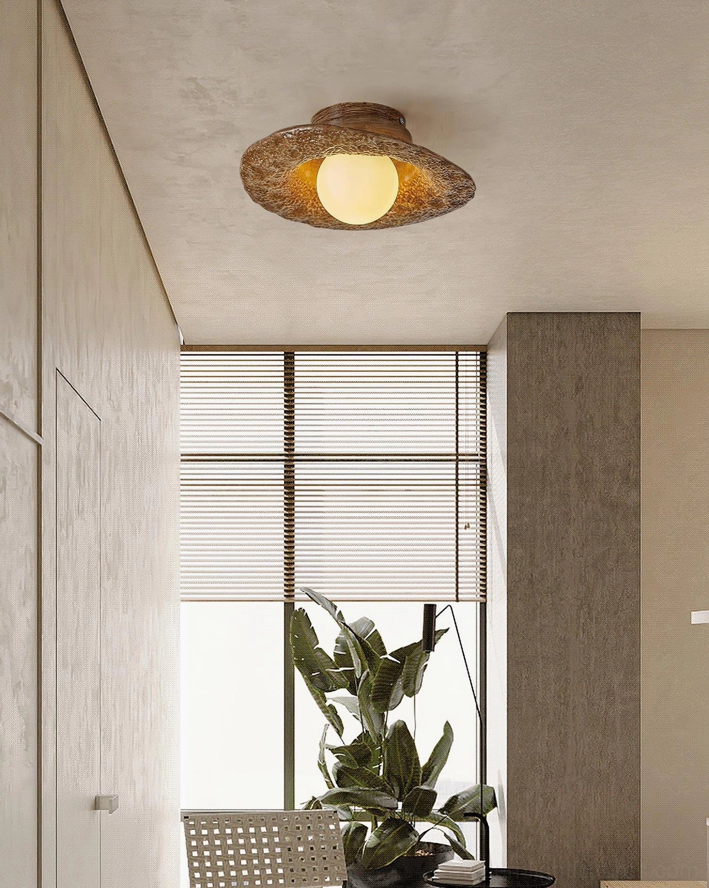Grima wood-grain textured hat ceiling light in warm brown finish installed in minimalist wabi-sabi interior