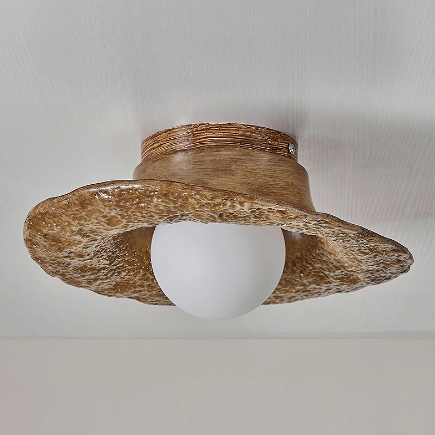 Grima modern textured hat ceiling light fixture available in three color finishes - white, beige, and warm wood brown