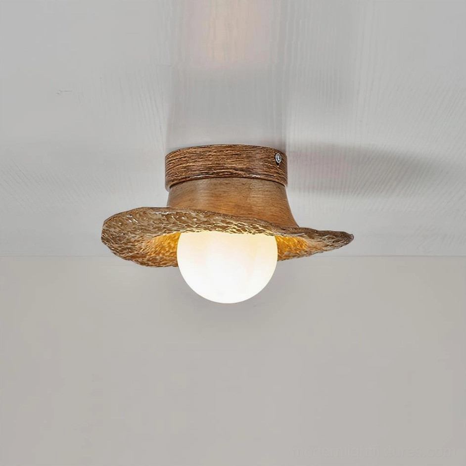 Grima compact size hat ceiling light 20cm diameter in warm brown wood finish, professional product photography