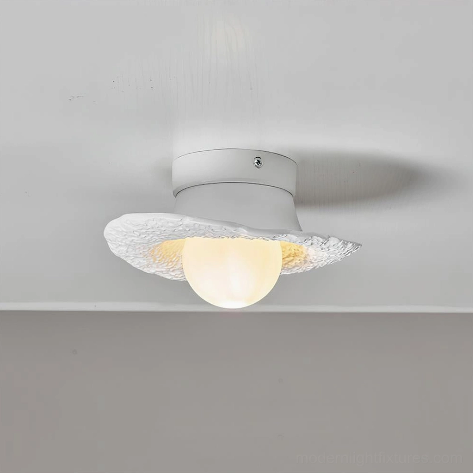 Grima compact textured hat ceiling fixture in off-white finish showing durable resin and metal construction details