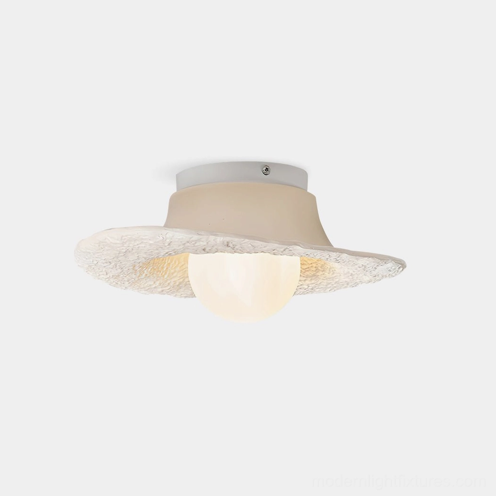 Grima textured hat ceiling light fixture in crisp white finish, front studio view with spherical central bulb