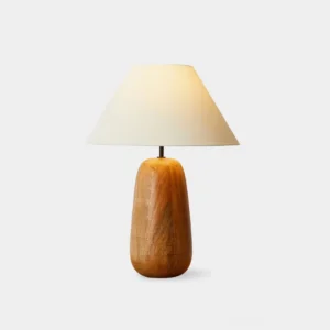 Grooved wood table lamp front studio view with white fabric shade and natural wood grain texture on plain background