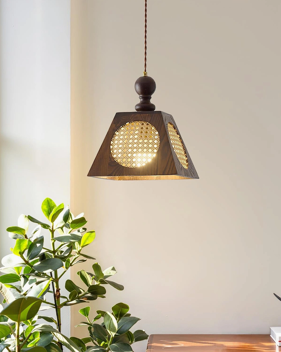 Grove wooden rattan pendant light with potted plant natural window lighting