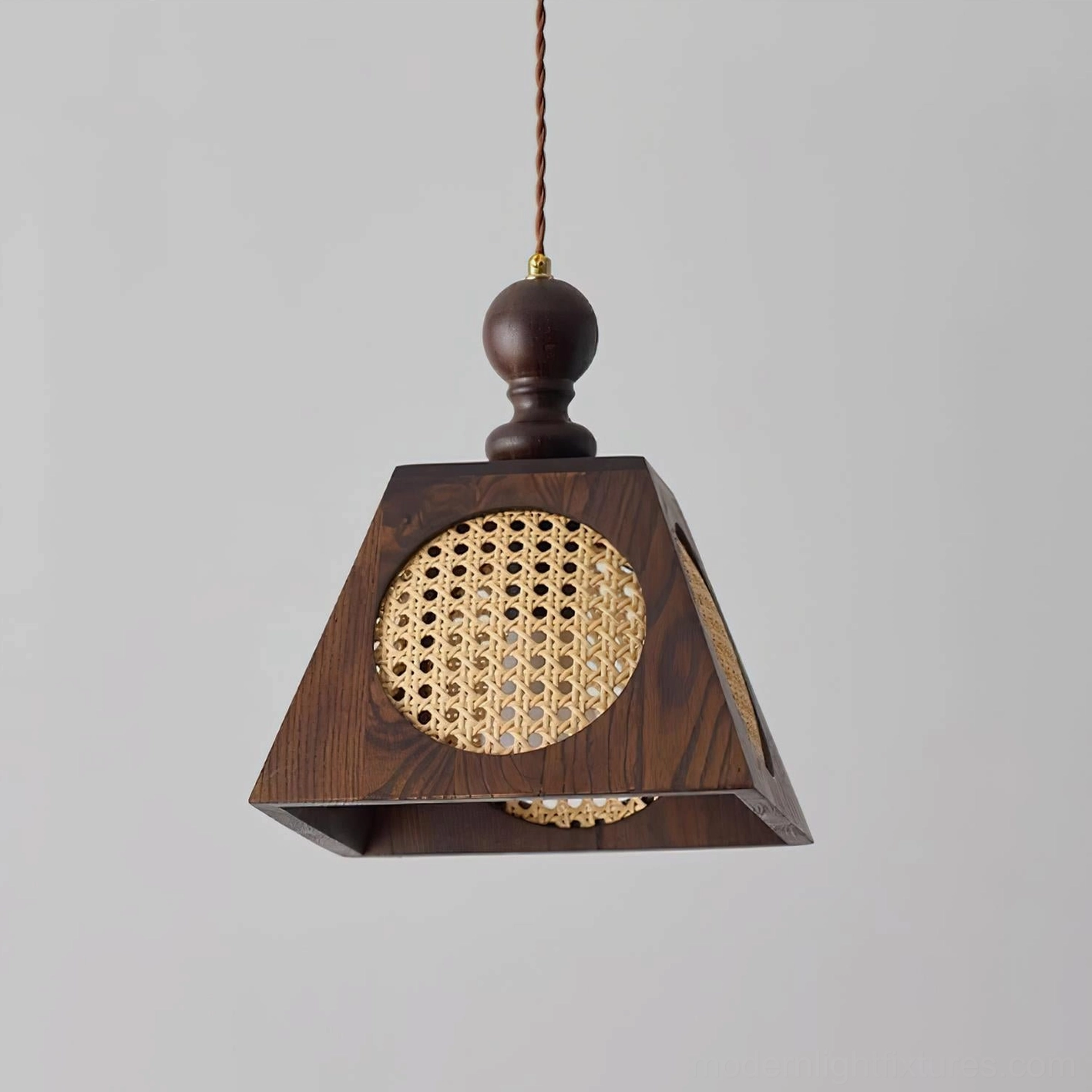 Grove trapezoidal pendant lamp bottom view rattan panel wooden finial detail