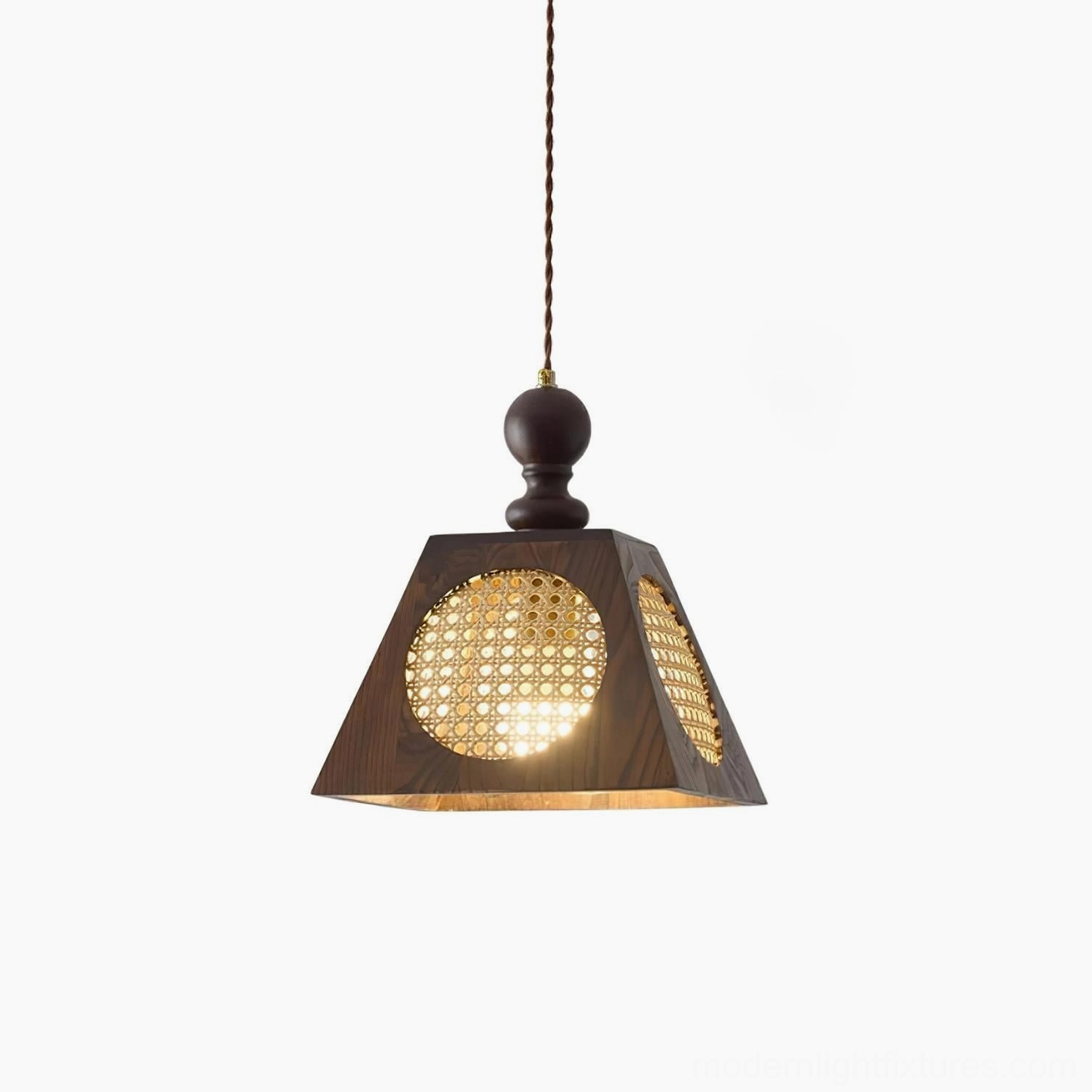 Grove handwoven rattan pendant light geometric walnut wood design detail