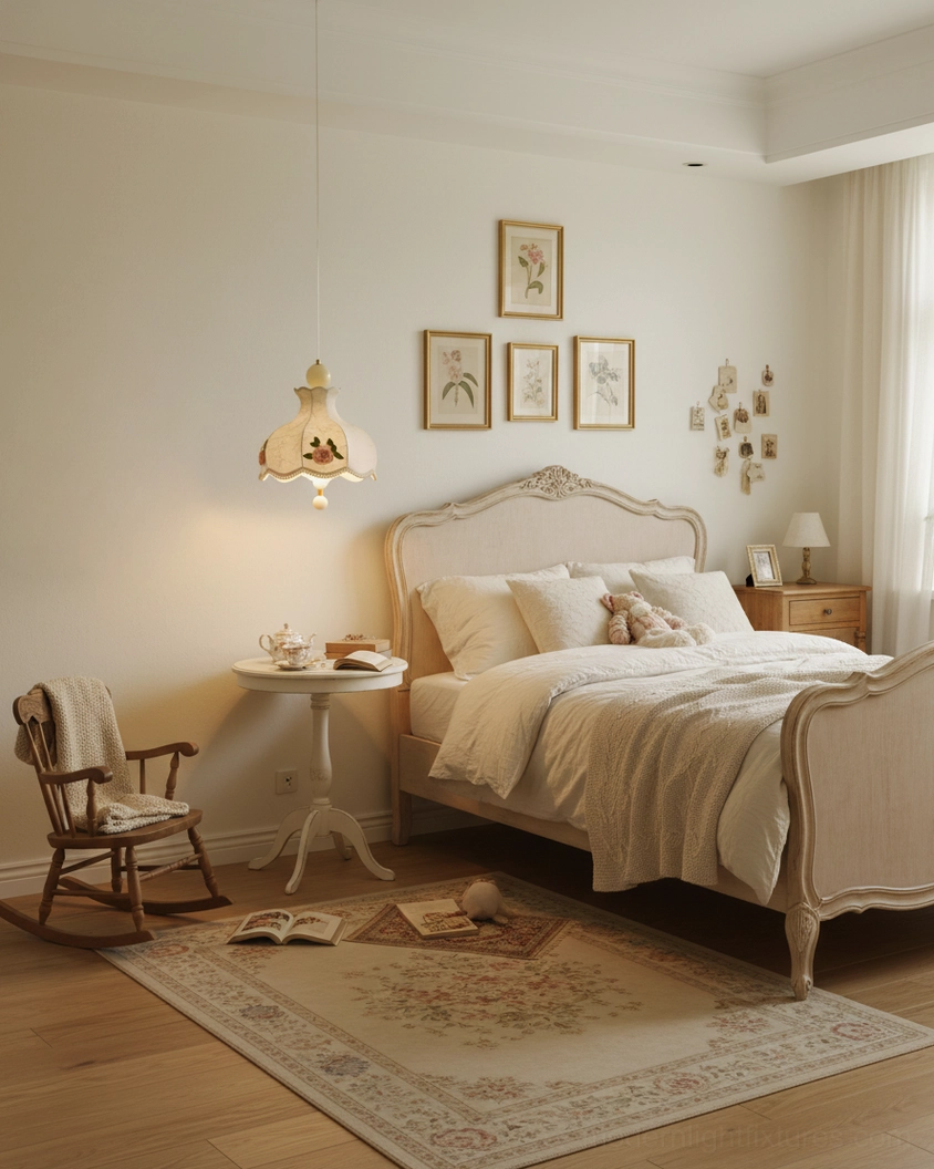 Embroidered fabric pendant light in guest bedroom above side table with vintage decor and upholstered bed