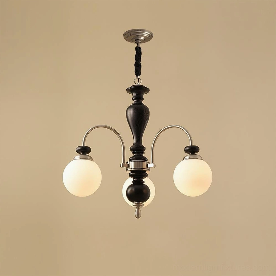 Guillerme 3-head retro wooden chandelier with black wood pole and silver metal hardware flat lay view