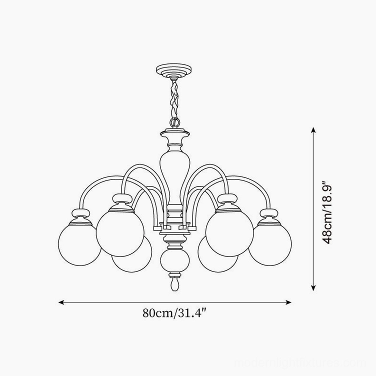 Guillerme 6-head wooden chandelier design sketch technical orthographic view