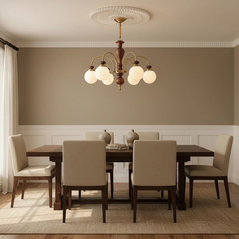 Guillerme 8-head wooden chandelier formal dining room with wooden table setting decorative ceiling mount