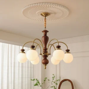 Guillerme 8-head wooden chandelier mounted in French style living room with decorative ceiling medallion