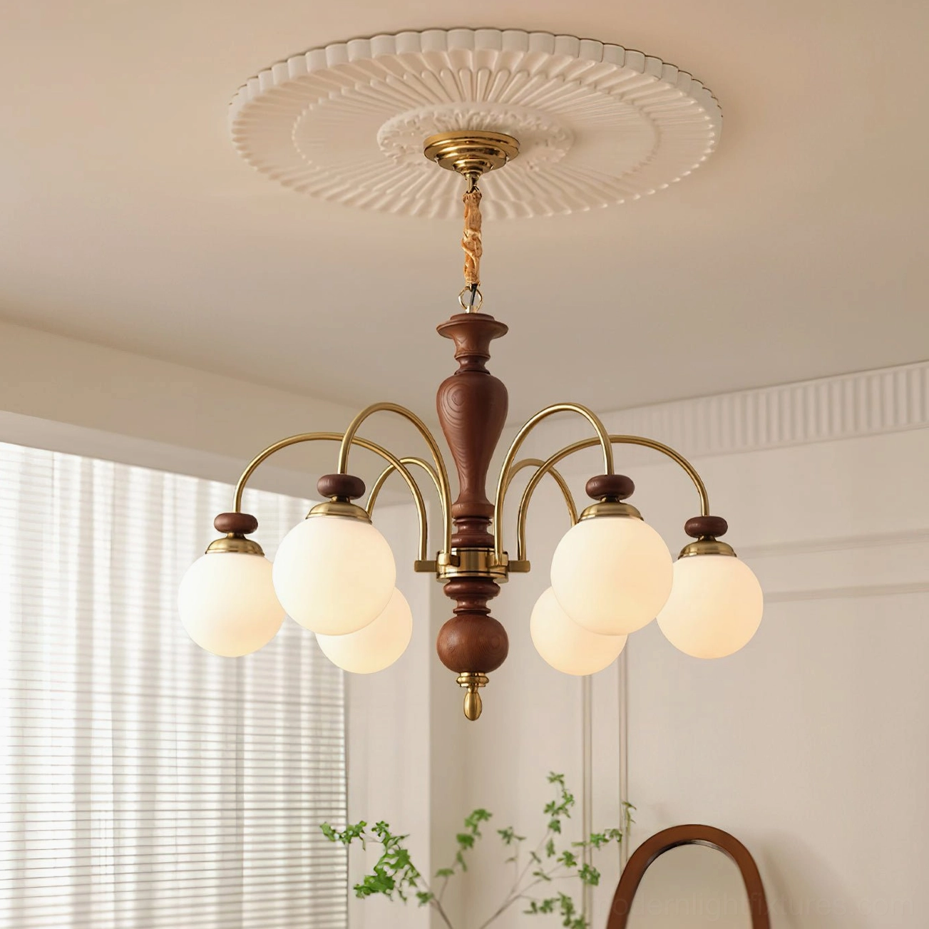 Guillerme 8-head wooden chandelier mounted in French style living room with decorative ceiling medallion