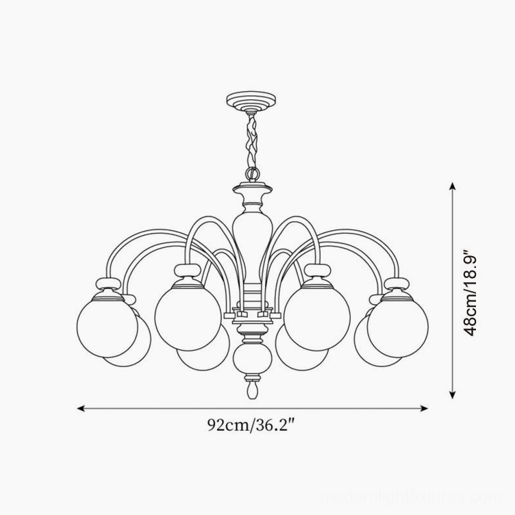 Guillerme 8-head wooden chandelier design sketch technical drawing wide size specifications