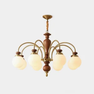 Guillerme classic wooden chandelier 8-head frontal studio view with brass metal arms and frosted opal glass shades