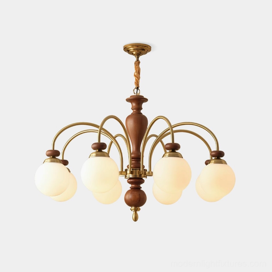 Guillerme classic wooden chandelier 8-head frontal studio view with brass metal arms and frosted opal glass shades