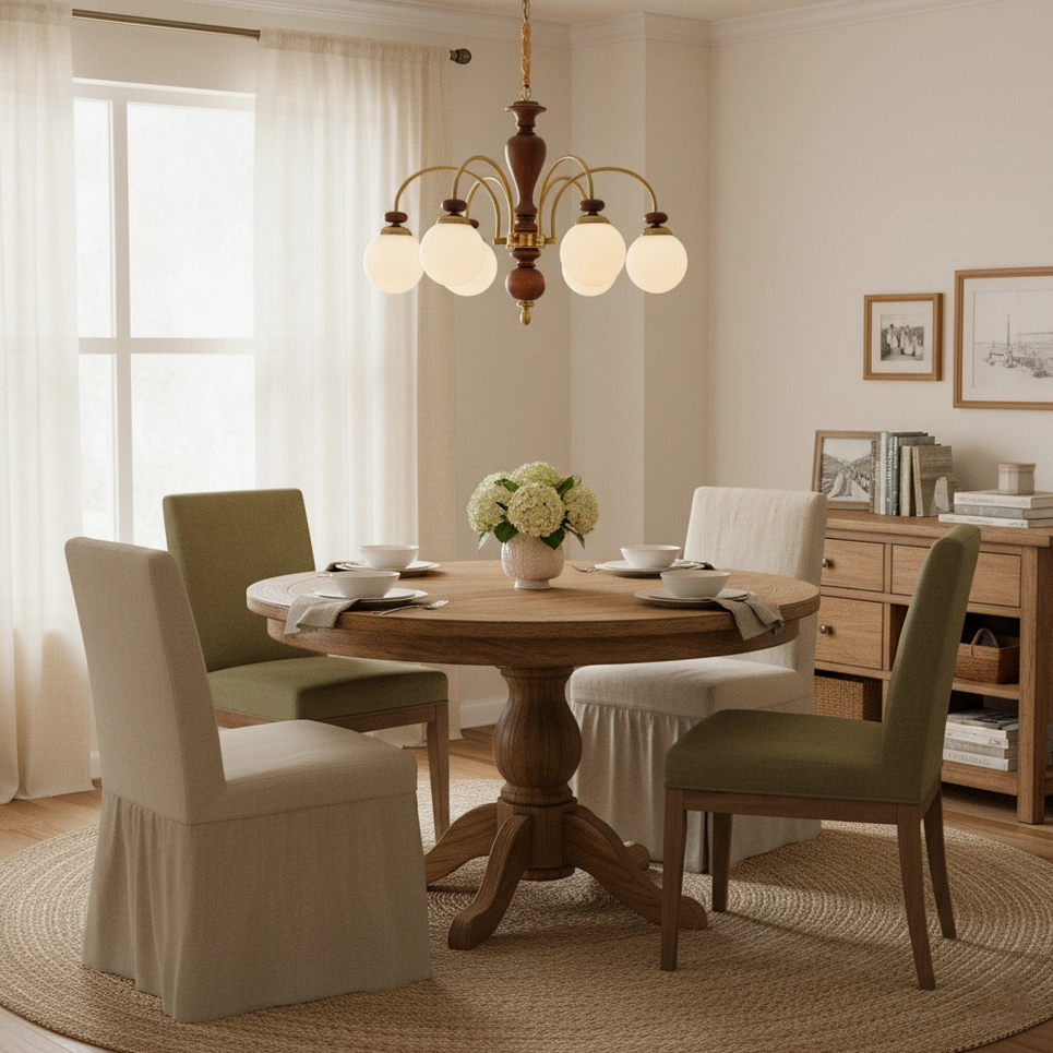 Guillerme wooden chandelier detail view opal glass shades metal arms craftsmanship
