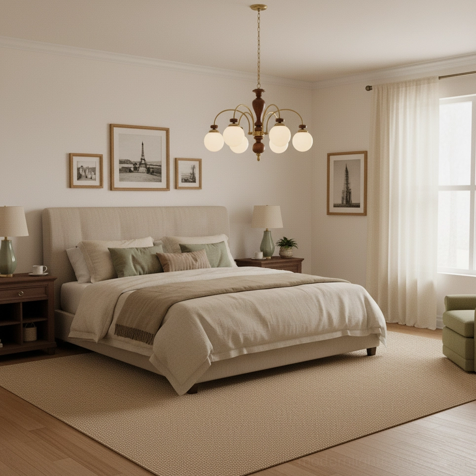 Guillerme wooden chandelier warm glow lighting effect frosted glass globes ambient