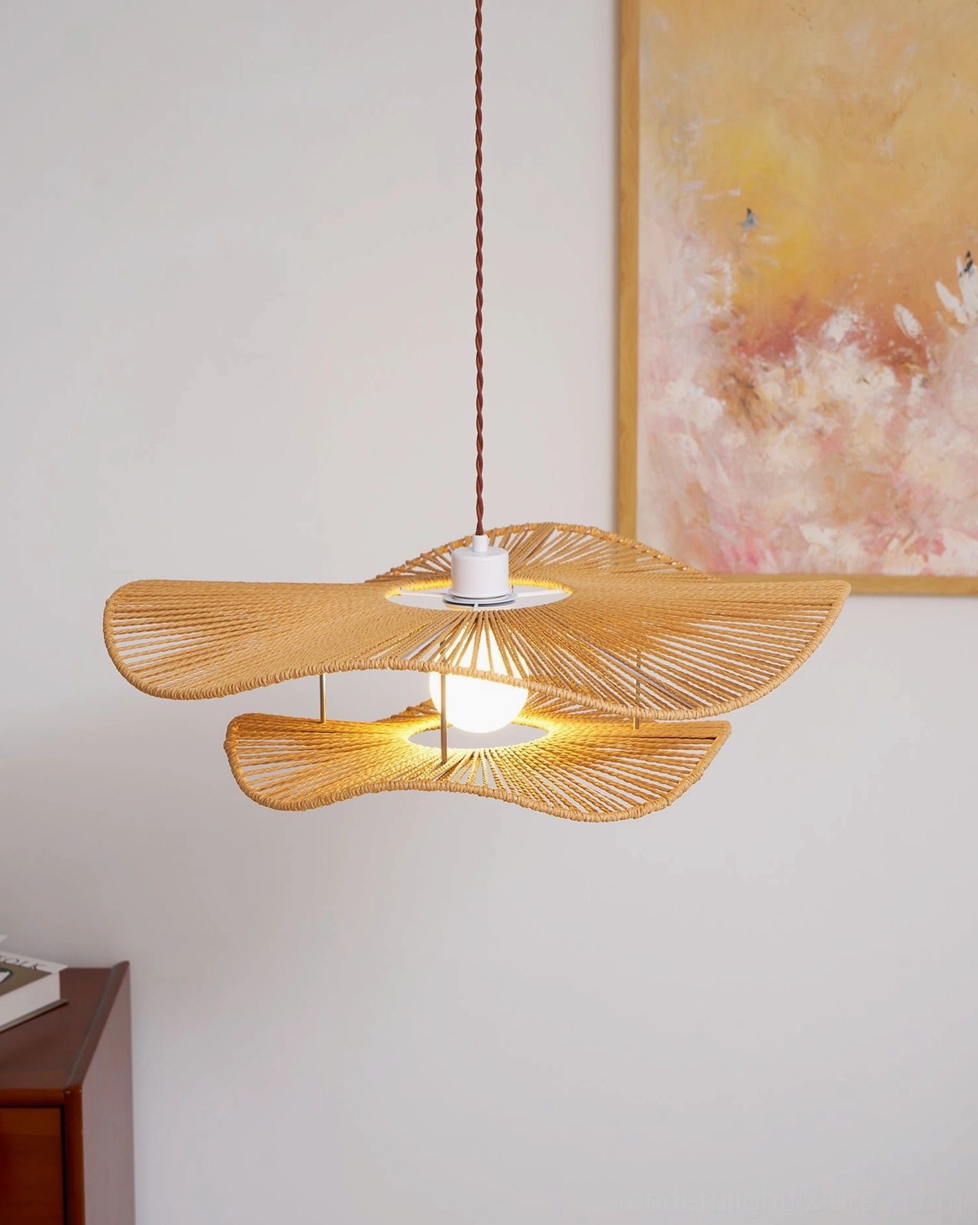 Gunilla hemp rope pendant light color option in natural brown showcasing warm tonal weaving and bohemian charm