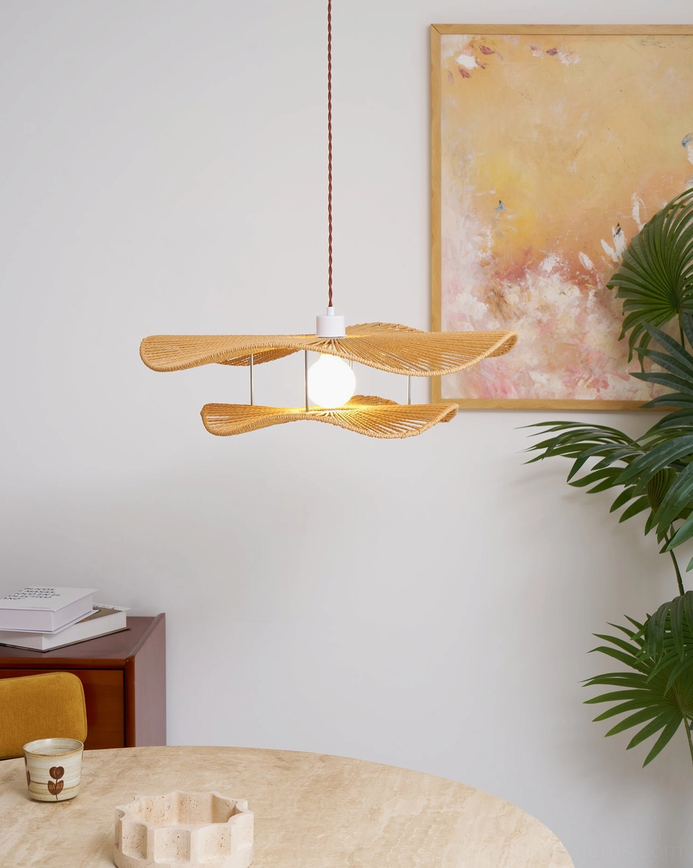 Gunilla hemp rope pendant light fixture multiple installation creating immersive woven textile canopy effect