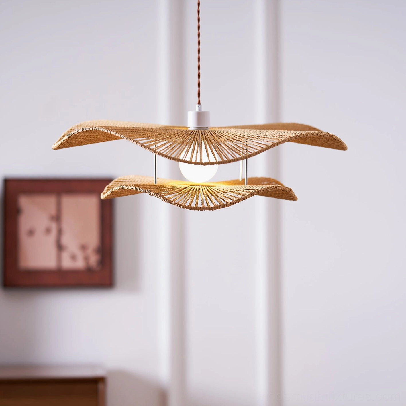 Gunilla woven hemp rope pendant light installation in Scandinavian minimalist interior with natural materials