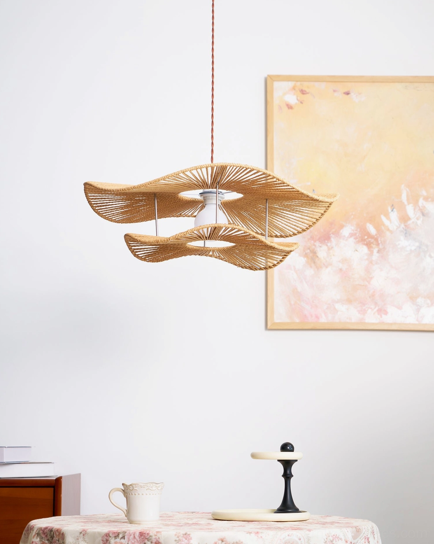 Gunilla hemp rope pendant light size comparison showing small and large diameter options for varied room scales