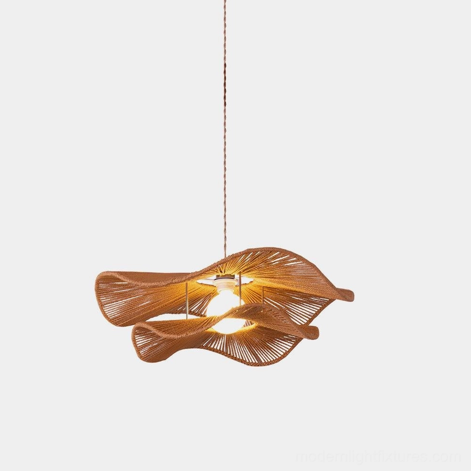 Gunilla wavy woven hemp rope pendant light in brown with double-layer bohemian design against white studio background