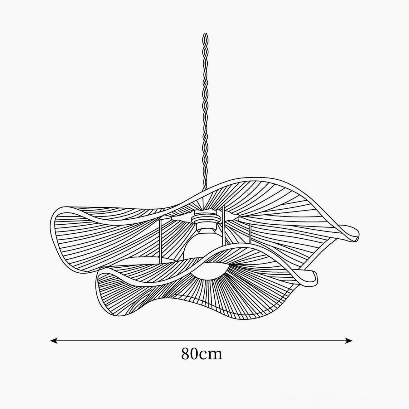 Gunilla hemp rope pendant light technical schematic and dimensions showing 80cm diameter flat line art design