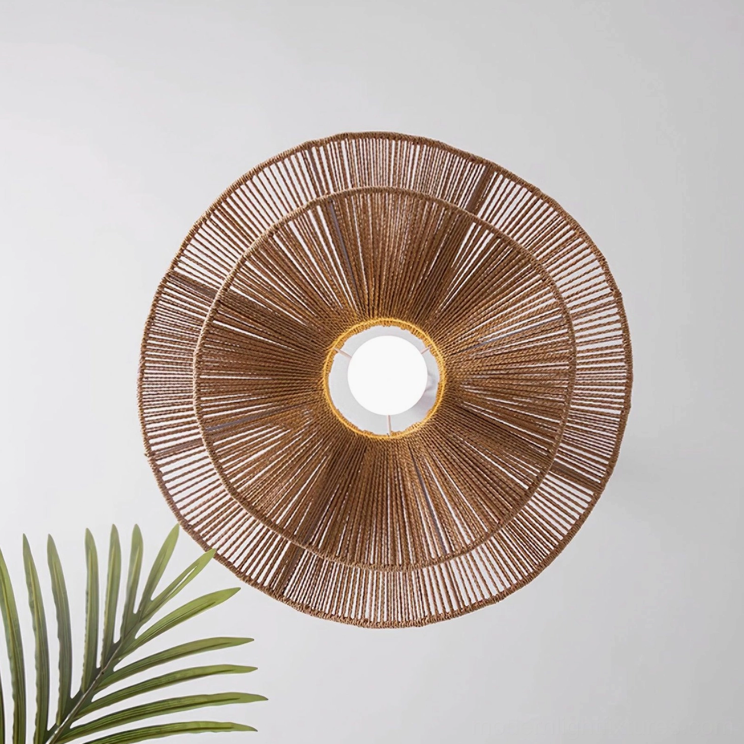 Gunilla radial woven hemp rope pendant light close-up front decorative view with bohemian round brown design