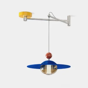 Gyro swing arm pendant lamp with yellow and blue color-blocked design featuring glass sphere and disc shade, modern geometric lighting fixture against white studio background