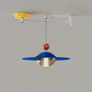 Colorful gyro swing arm pendant light with red glass sphere and blue disc shade, polished chrome frame detail on neutral background