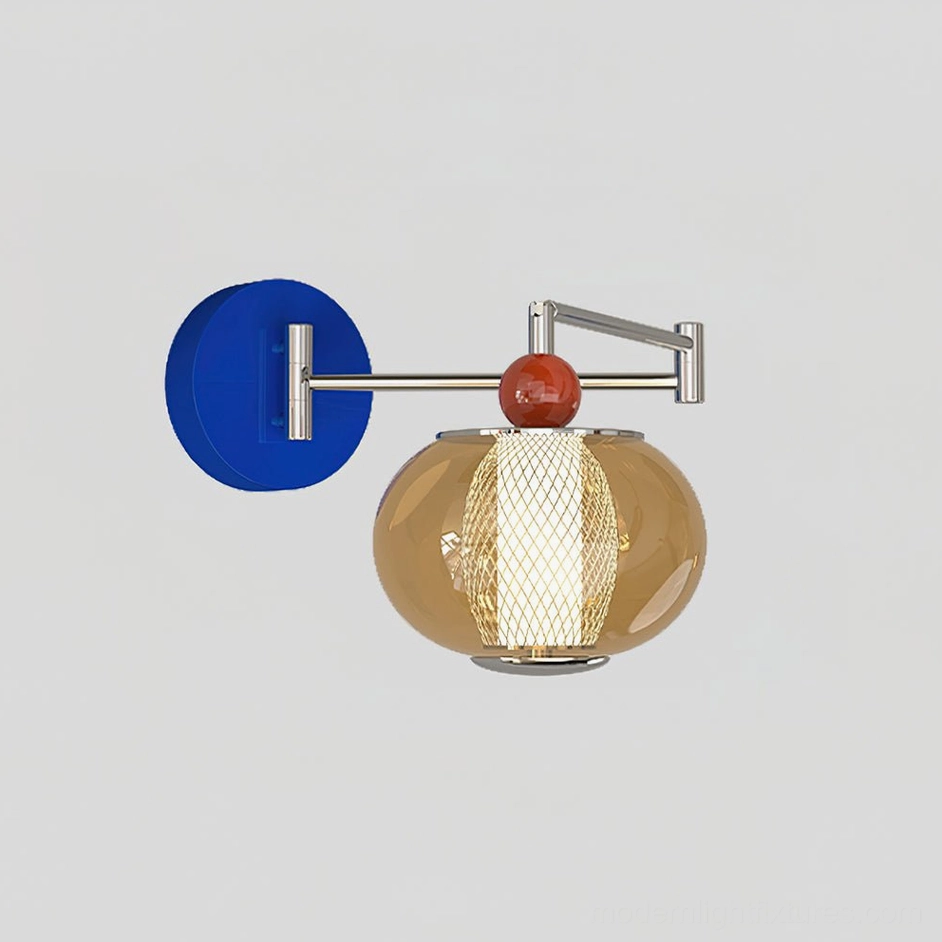 Gyro wall lamp Blue Cognac standard size with polished metal arms and glass shade